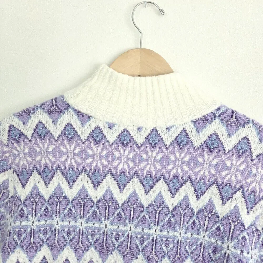 Talbots NWT Wool Blend Lavender Purple Cream White Turtleneck Alpine Sweater